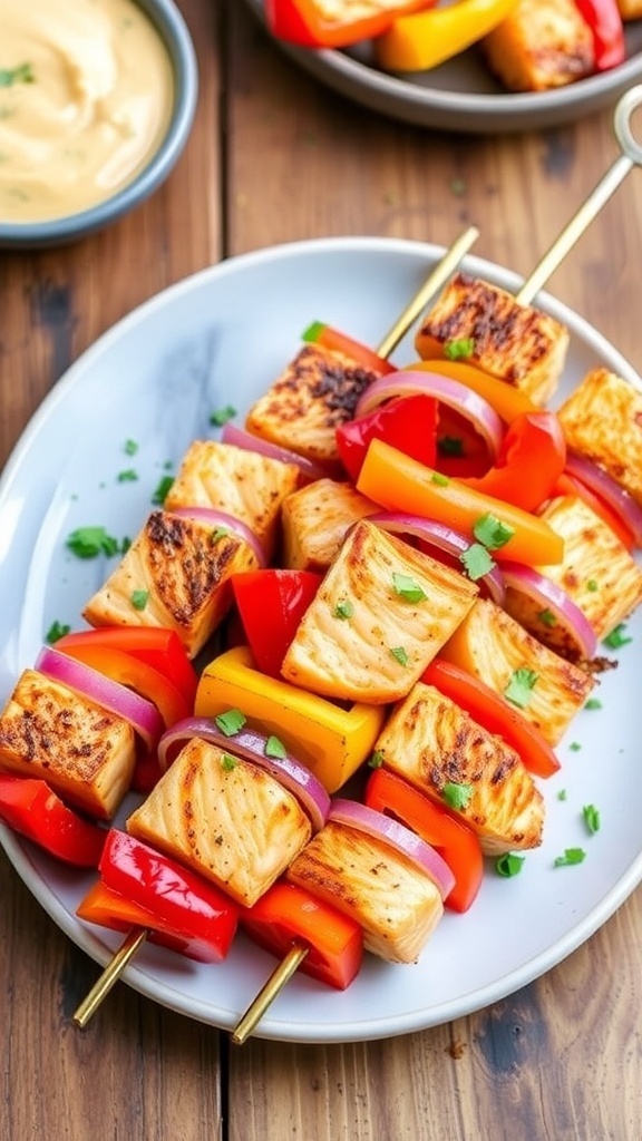 Air Fryer Salmon Kabobs Recipe Air fryer salmon kabobs with bell peppers and onions on a plate, garnished with herbs and dipping sauce.